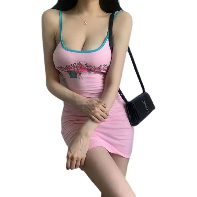 Womens Sexy Mini Spaghetti Strap Dress Sleeveless Coquette Clothing Print Fashion Summer Pink Party Short Dresses for Women 2024