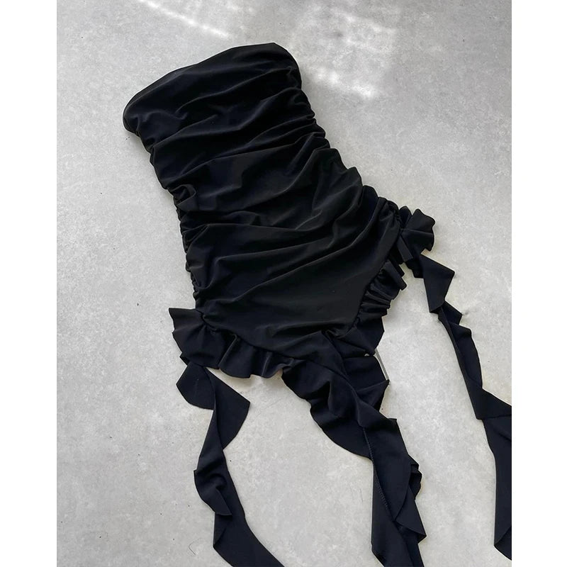 Sexy Strapless Tube Long Dress Summer Women Sleeveless Backless Irregular Layered Ruffled Tassels Skirt Y2K Fashion Slim Dresses