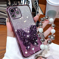 3D Butterfly Phone Holder Bead Bracelet Glitter Plating Case For iPhone 16 15 13 12 11 14 Pro Max XS Max XR 7 8 Plus Stand Cover