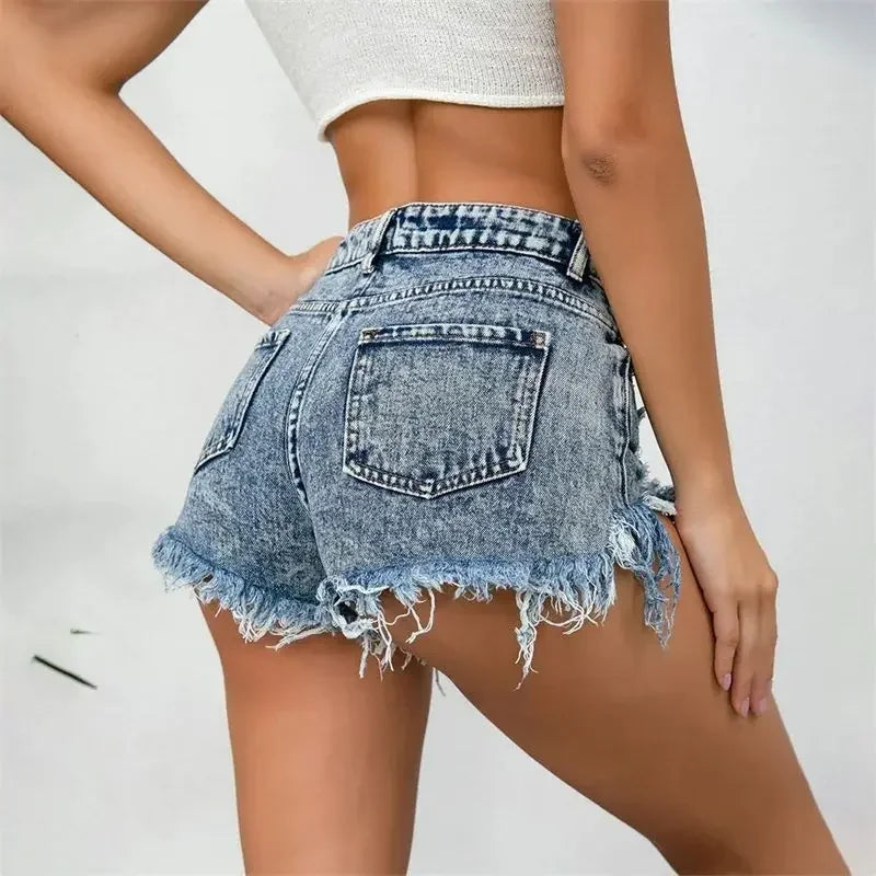 2024 Fashion Broken Holes Denim Shorts Women Tassel Decoration Trouser Leg Three Quarter Pants Sexy Casual High Waist Mini Jeans