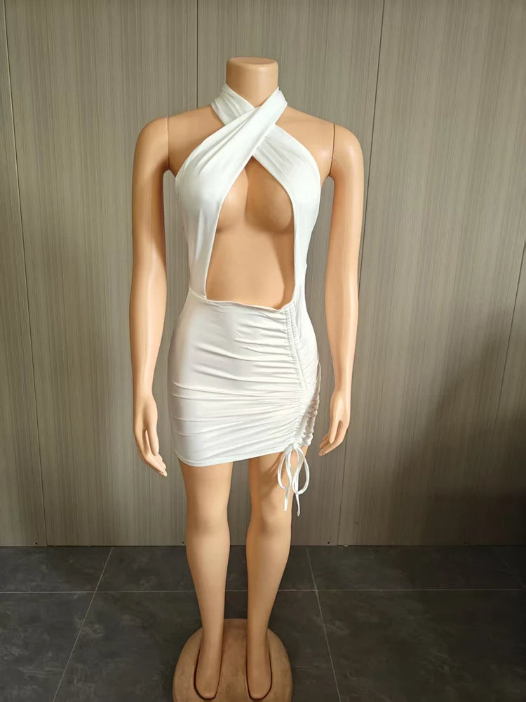 Sexy Strap Halter Deep V Neck Ruched Mini Dress Woman Backless Summer Bodycon Sleeveless Elegant Party Night Club Dresses