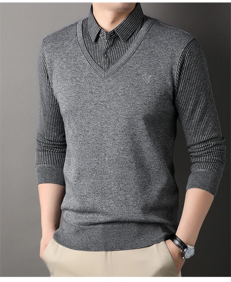 New Autumn Men's Polo Collar Shirts Fashion Knitting Pullovers Striped Thick Polo Shirts Slim Fit Korean Mens Top Clothes