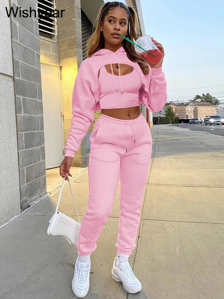 Tracksuit 3 Pieces Pants Sets for Women Velvet Hoodie Crop Tops+Vest+Sweatpants Matching Suit Sport Jogger Winter Fall Outfits