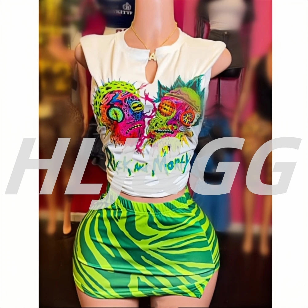 HLJ&GG Y2K Streetwear Women Pattern Printing Round Neck Short Sleeve Tshirt And Mini Skirts Two Piece Sets Fashion 2pcs Outfits