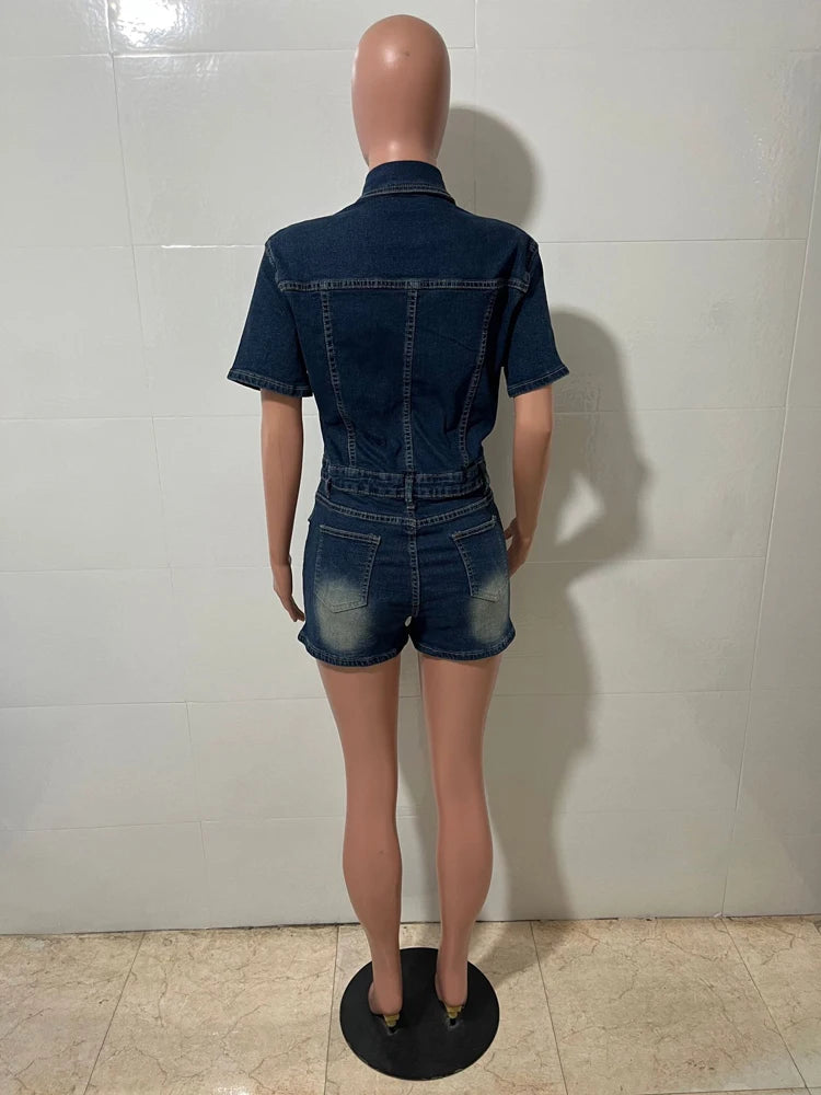 Sexy Denim One Pieces Bodycon Rompers Womens Streetwear Y2k Club Fashion Outfits Pockets Button Washed Jean Shorts Jumpsuit