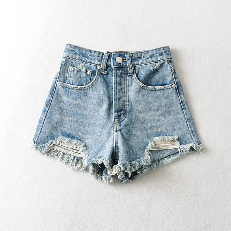 High Street Broken Hole Washed Denim Shorts Women Fashion Tassel Raw Edge Distress Jean Shorts Casual High Waist Pocket Shorts