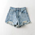High Street Broken Hole Washed Denim Shorts Women Fashion Tassel Raw Edge Distress Jean Shorts Casual High Waist Pocket Shorts