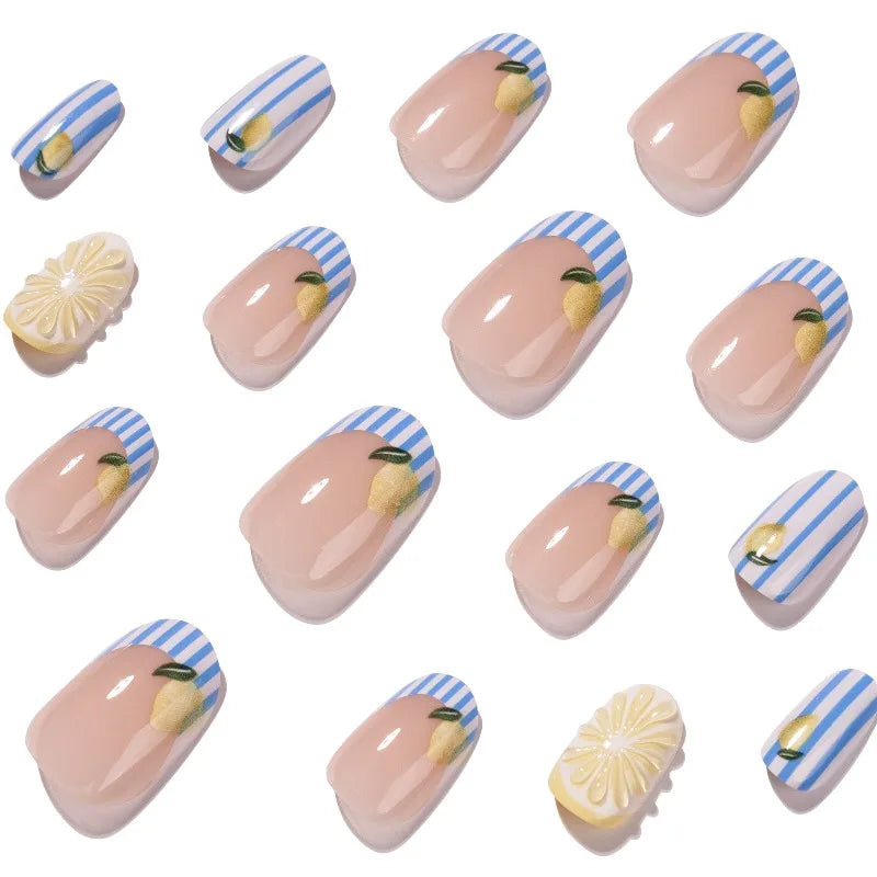 24PCS Sweet Short Round Press on Nails Cute 3D Fruit Blue Stripes Almond False Nails Wearable Lemon Patterns French Ins Manicure
