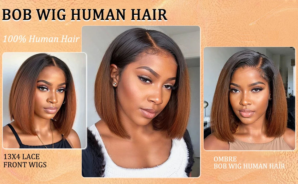 Ombre Brown 1B/4 Bob Wig Human Hair 13x4 HD Lace Front Wig for Black Woman 10 Inch Glueless Pre Plucked Short Straight Bob Wigs