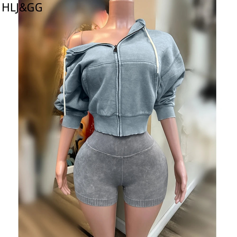 HLJ&GG High Quality Washed Casual Zip Hooded Two Piece Sets Women Long Sleeve Top+Biker Shorts Outfits Fashion Sporty Streetwear