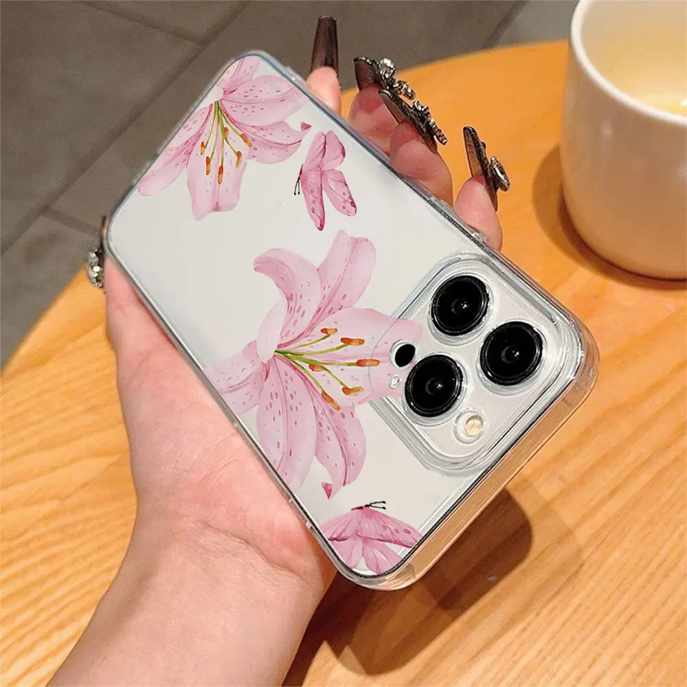 Ins Style Pink Flower Butterfly Phone Case For iPhone 11 12 13 14 15 16 17 Por Xs Max Mini 8 7 6 6s Plus 16e 17e Air Clear Cover