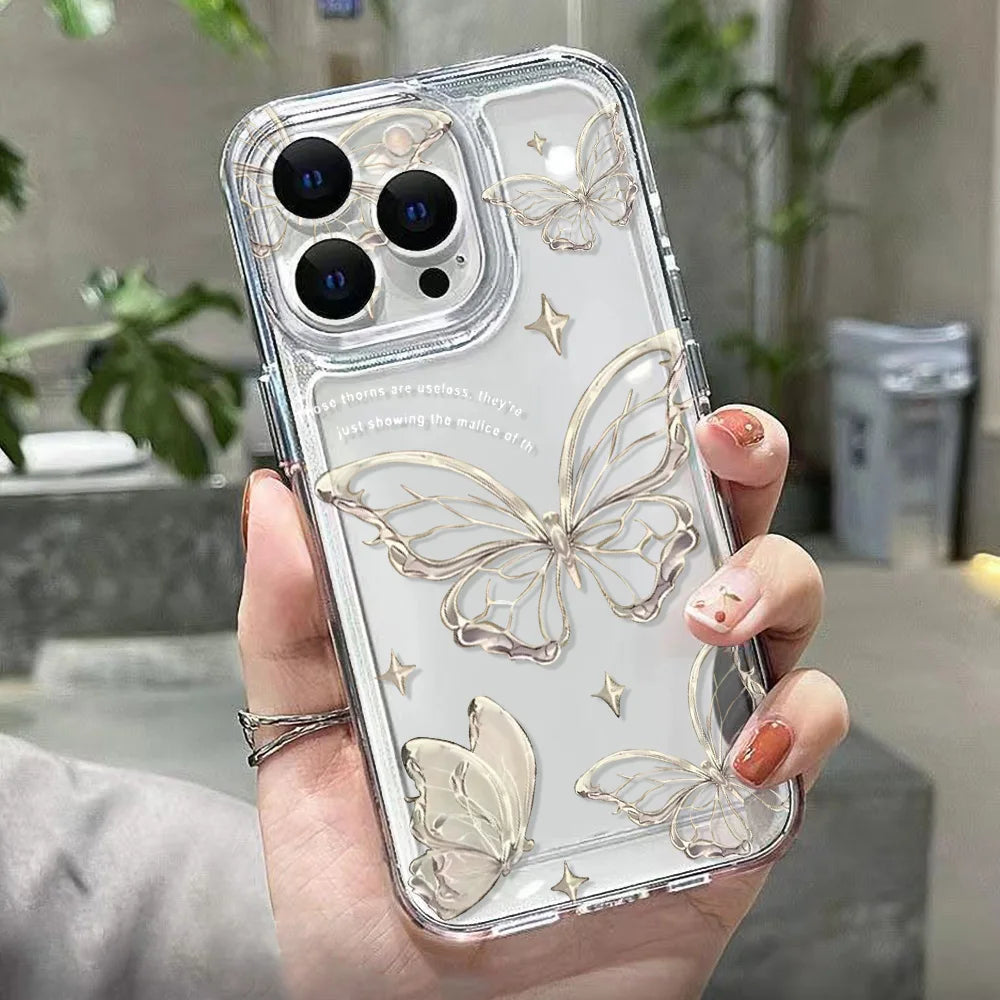Gold Butterfly Phone Case For iPhone 17 16 15 11 13 12 14 Pro Max 16e Air 7 8 Plus XR SE 2022 2020 Soft TPU Transparent Cover