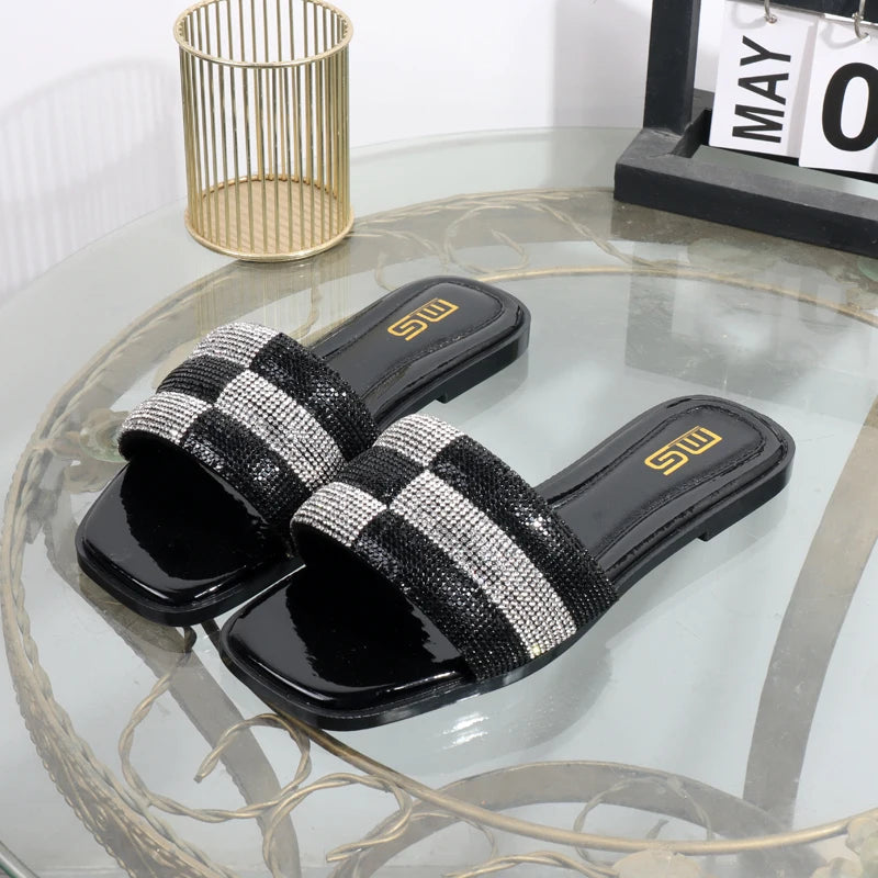 luxurious slippers 2025 rhinestone square toe fashion wear sandals  elegant flat bottom women's slippers black ladies shoes