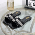 luxurious slippers 2025 rhinestone square toe fashion wear sandals  elegant flat bottom women's slippers black ladies shoes