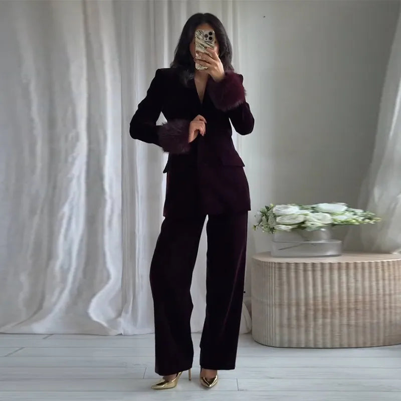 Elegant Feathers Women Blazer Pants Suit Lapel Button Coat Straight Wide Leg Trousers Lady Set 2026 Spring Female Outfits