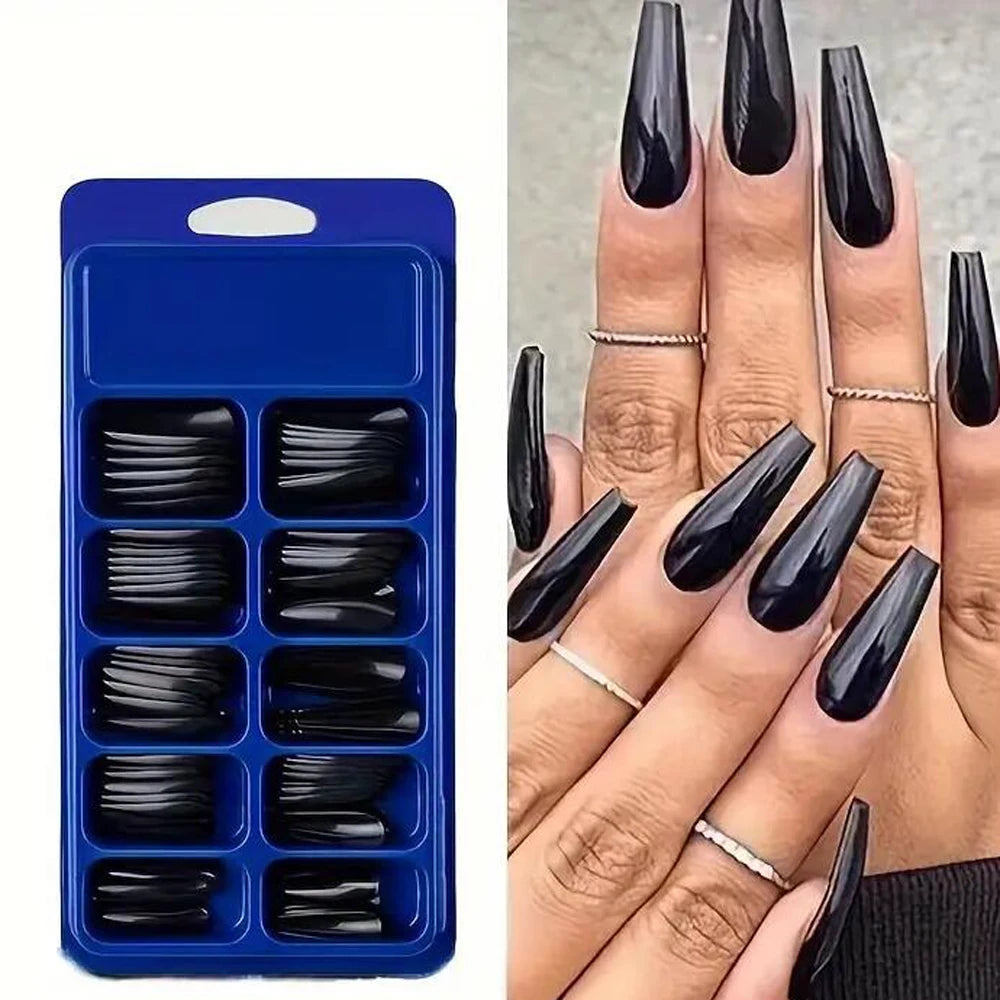 120pcs Long Coffin Press-On Nails Black Glossy Full Cover Acrylic False Nail Tips Wearable Fake Nails Tip for Manicure Extension
