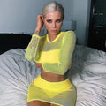 BKLD Crop Top And Skirt Set Outfit Tracksuit For Women Summer Clubwear Sheer Mesh Long Sleeve Mini Skirts Neon Two Piece Set