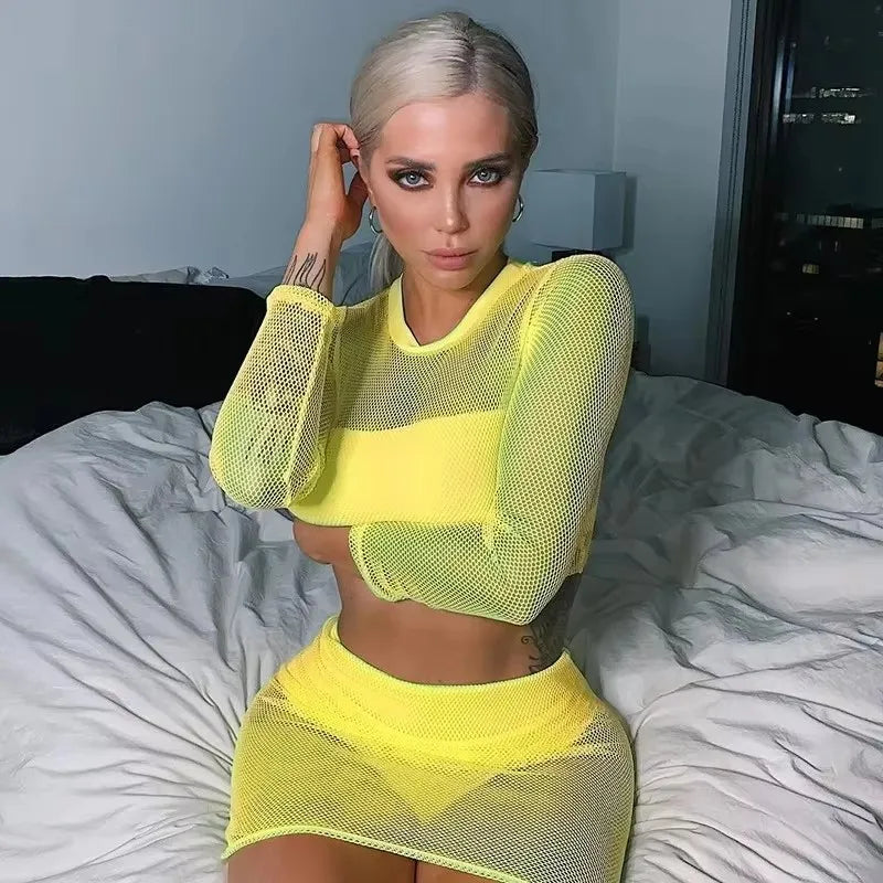 BKLD Crop Top And Skirt Set Outfit Tracksuit For Women Summer Clubwear Sheer Mesh Long Sleeve Mini Skirts Neon Two Piece Set