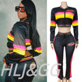 HLJ&GG Fashion Trend Y2K Striped Patchwork Two Piece Sets Women Zip Long Sleeve Crop Top + Shorts Outfits Female 2pcs Streetwear