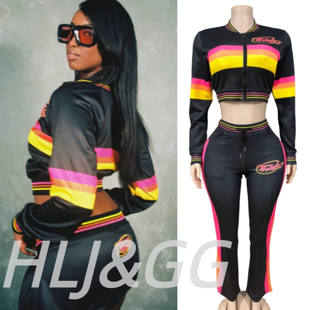 HLJ&GG Fashion Trend Y2K Striped Patchwork Two Piece Sets Women Zip Long Sleeve Crop Top + Shorts Outfits Female 2pcs Streetwear