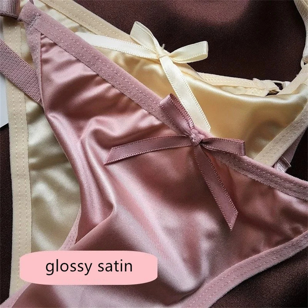 Sexy Adjustable Thongs Women Smooth Glossy Silk Low Waist Satin T-back Panties Plus Size Culotte Femme