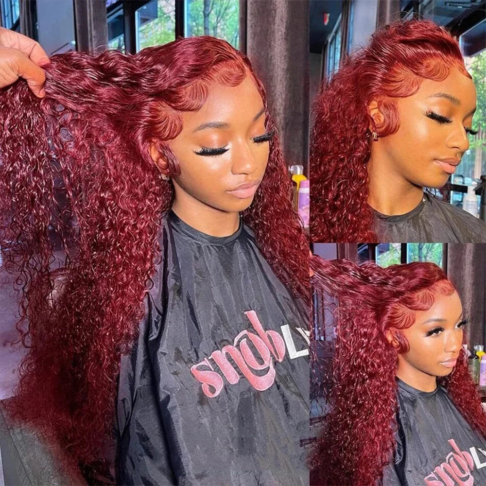 Mamushow 13x4 13x6 Deep Wave Lace Frontal Wig Transparent 99J Burgundy Curly Lace Front Wigs Red Colored HD Deep Wave Human Hair