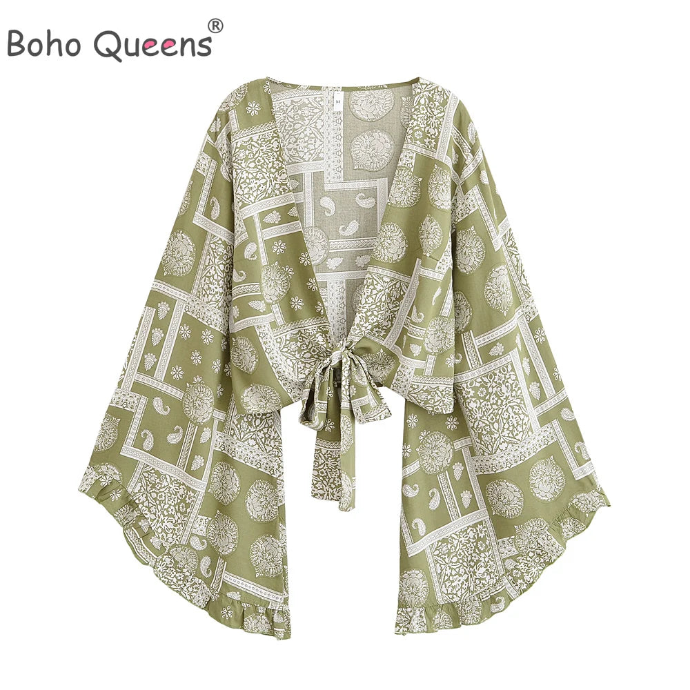 Boho Queens Fashion Women Floral 2025 Beach Summer Short Kimono Ruffles Flare Sleeves Vacation Bohemian Bikini Boho Cover-ups