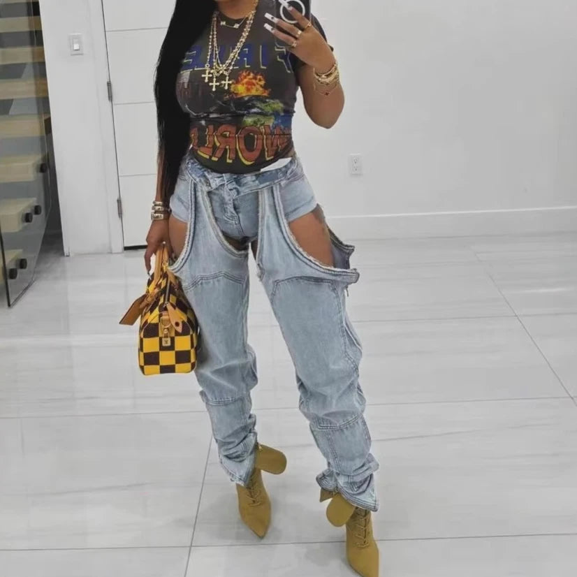 Mom Jeans Straight Pants Women Hollow Out Zipper High Strecth Pockets Irregular Denim Vintage Y2k 2025 Trousers Streetwear