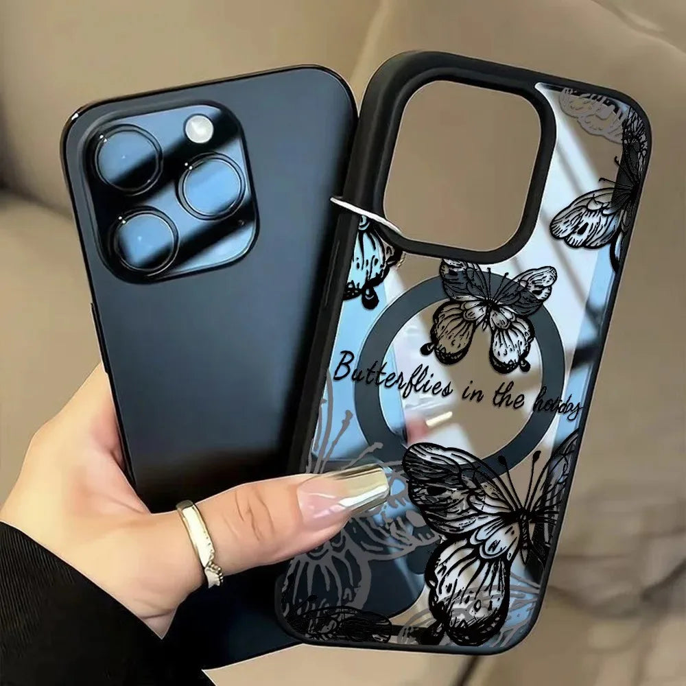 Butterfly Magnetic Transparent Phone Case For iPhone 17 16 15 14 Plus 13 12 11 Pro Max 17 Air Magsafe Wireless Charge Back Cover