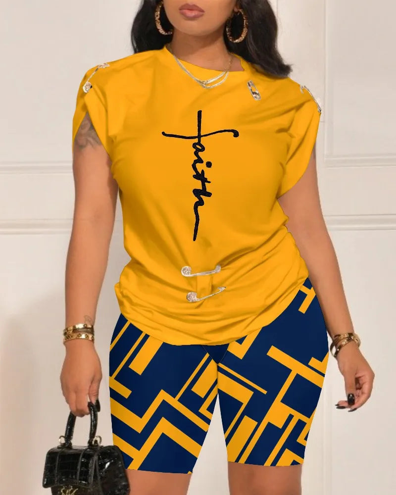 Women Leisure Pin Digital Printing Set O Neck Short Sleeve T-shirt And Shorts 2 Pieces Sets Summer Top + Short Pant 2 PCS Suits