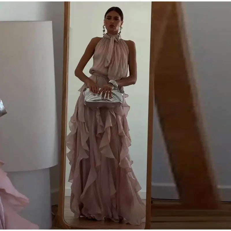 Fashion Halter Ruffle Long Dress Women Chiffon Sleeveless Ruffled Tiered Waist Cinching Party Dresses Lady Holiday Y2K Chic Robe