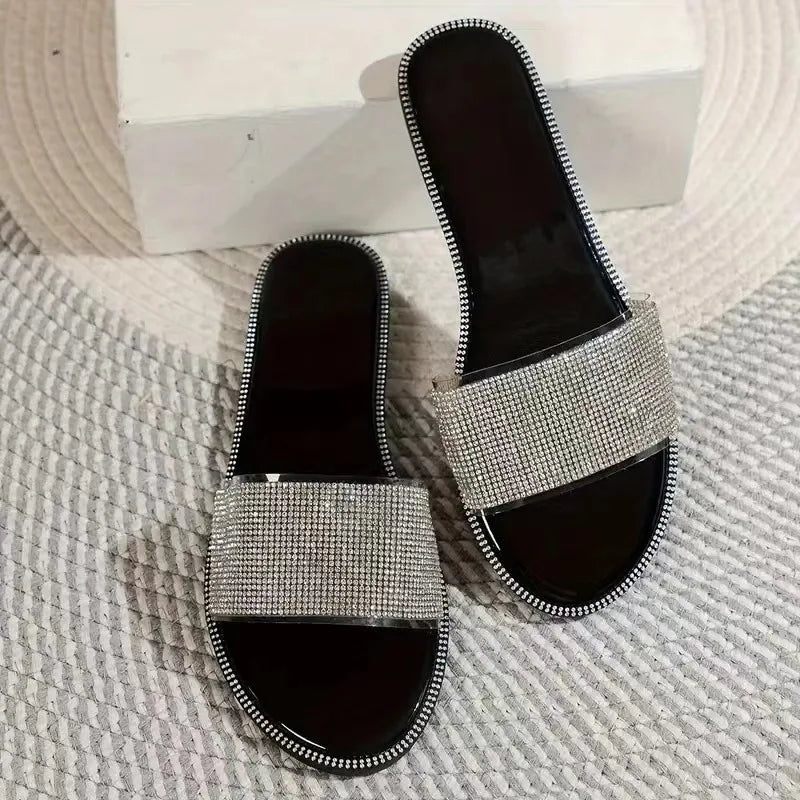 2024 New Shiny Rhinestone Fashion Ladies Slippers Outdoor Women Roman Shoes Flat Sandals Female Casual Beach Crystal Slides