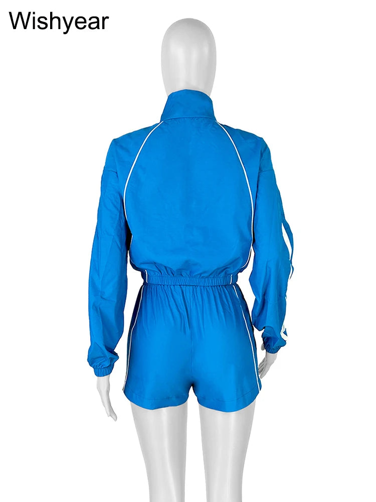 Fashion Tracksuit Stripe Women 2 Piece Set Lapel Sweatshirt Zip Jacket and Drawstring Shorts Suit Summer Sports Streetwear y2k