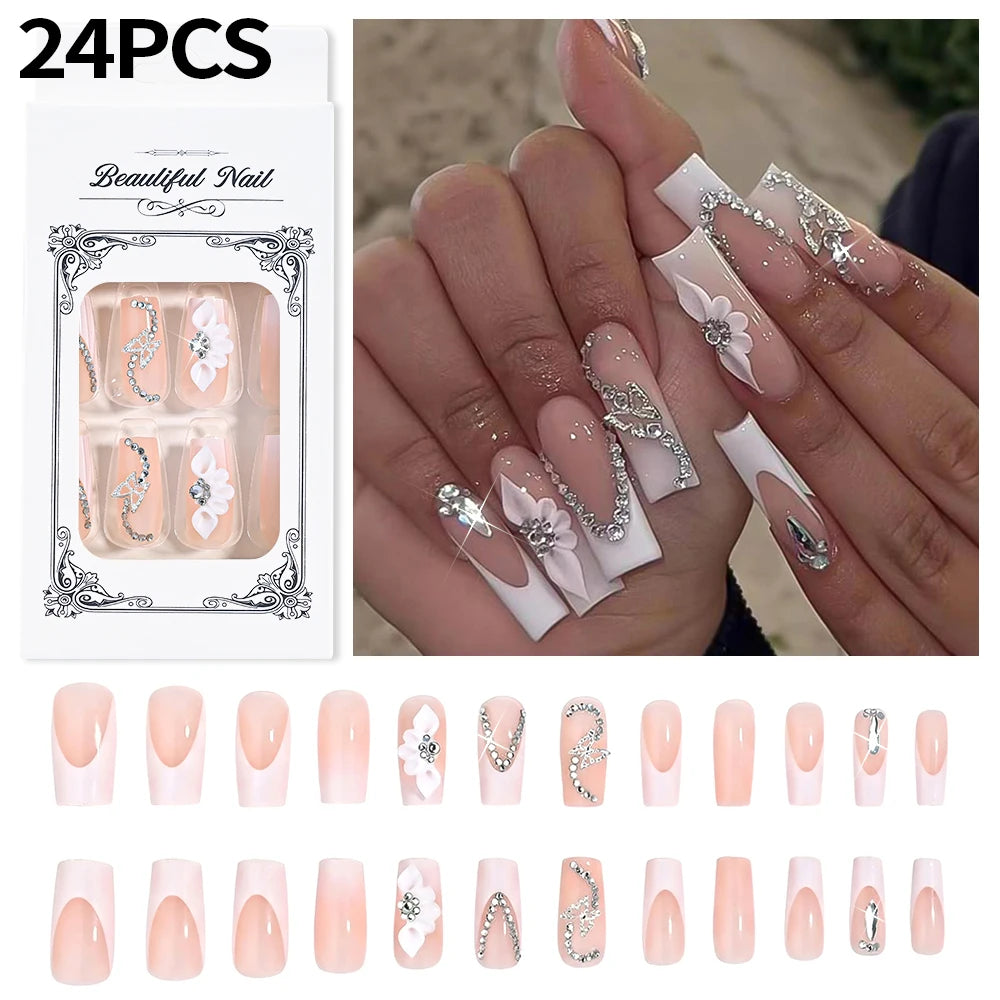 24Pcs Long Coffin French Fake Nails with 3D Butterfly Flower Rhinestones Handmade Press On Nail  Datachable Square False Nailtip