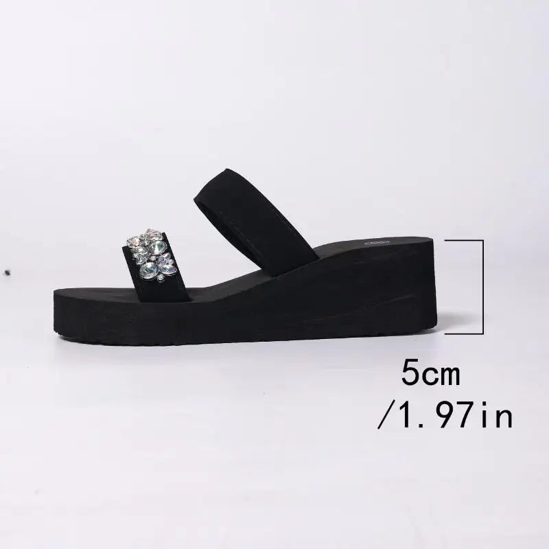 Luxury Silver Rhinestore Thick Bottom Black Sandals Women Summer 2026 Comfort Platform Beach Slippers Woman Wedge Heel Slippers