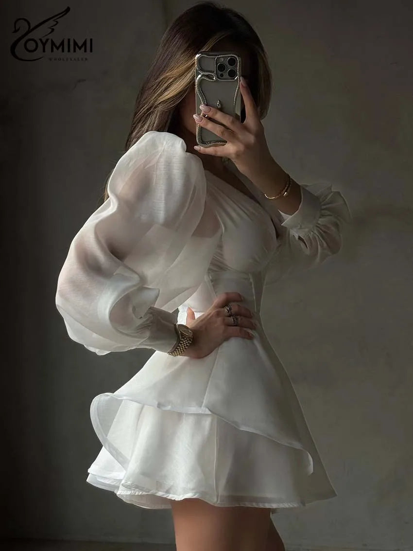 Oymimi Women's White Mini Dress 2026 Spring Deep V-Neck Puff Sleeve Corset Tiered Ruffle Sheer Casual Party Fashion Trendy Wear