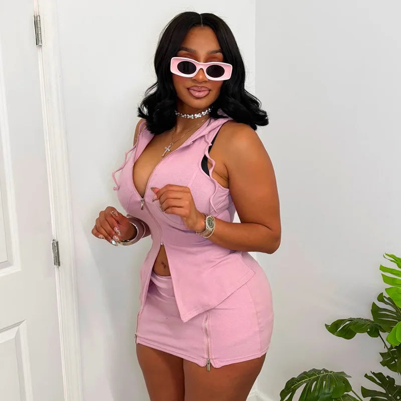 Women Solid Casual 2 Piece Set Tracksuits Zip-up Sleeveless Hooded Tanks Tops + Zippers Bodycon Mini Skirts Streetwear Suits