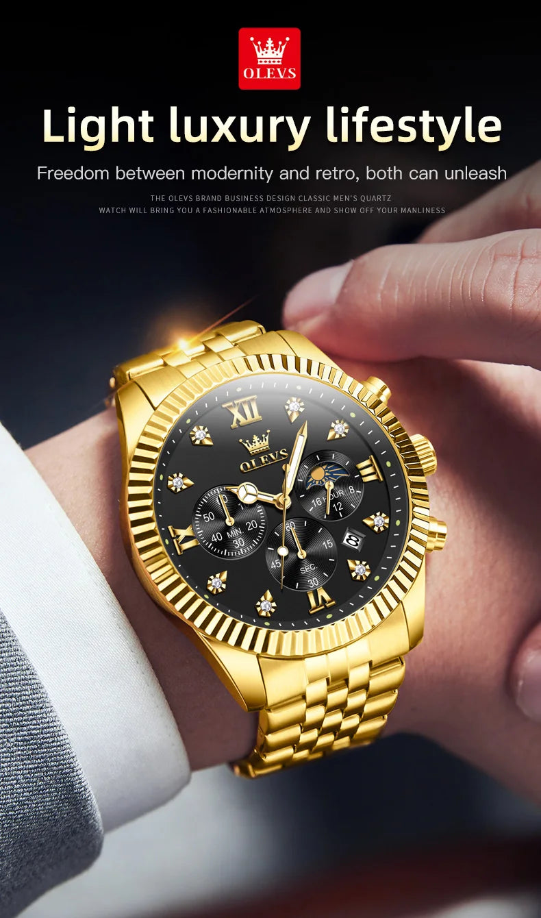 OLEVS Brand Luxury Gold Black Quartz Watch for Men Stainless Steel Waterproof Luminous Date Week Fashion Men Watches Reloj Hombr