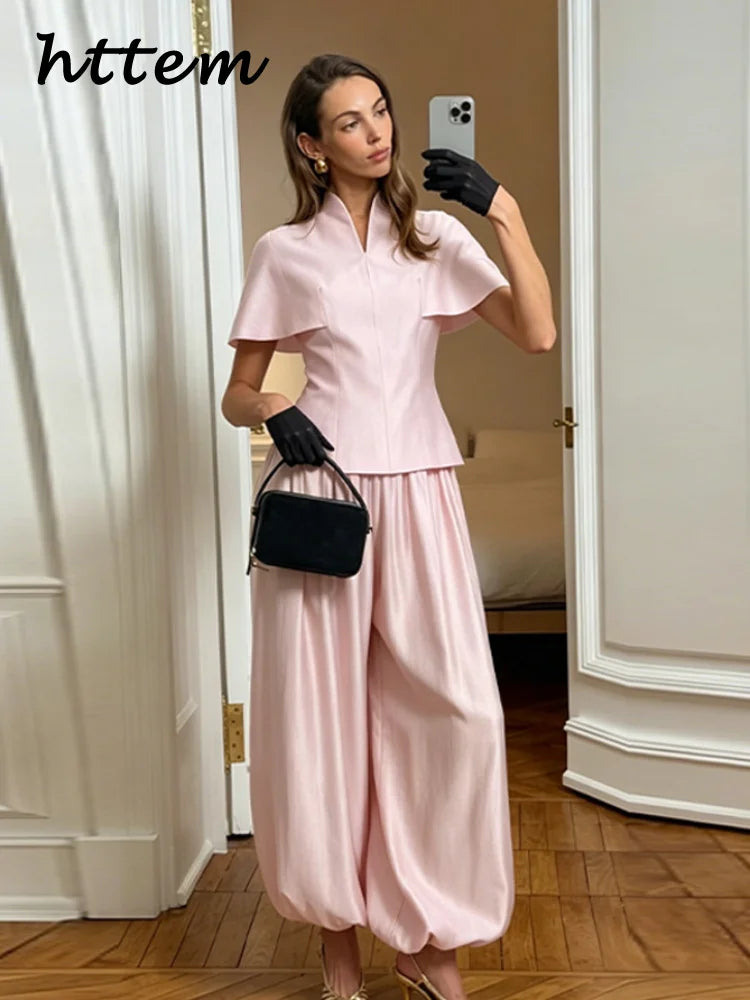Casual Summer Women's Suit Solid Patchwork Top Long Pants Sets V-neck Short Sleeve Tops Loose Lantern Pant 2026 Lady Chic Suits
