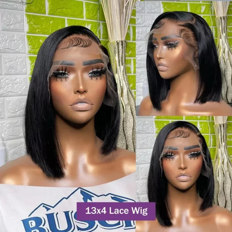 13x4 Short Bob Straight 13x4 Transparent Lace Front Wig 200% Density Human Hair Pre Plucked Wigs For Black Women 12 16 Inch
