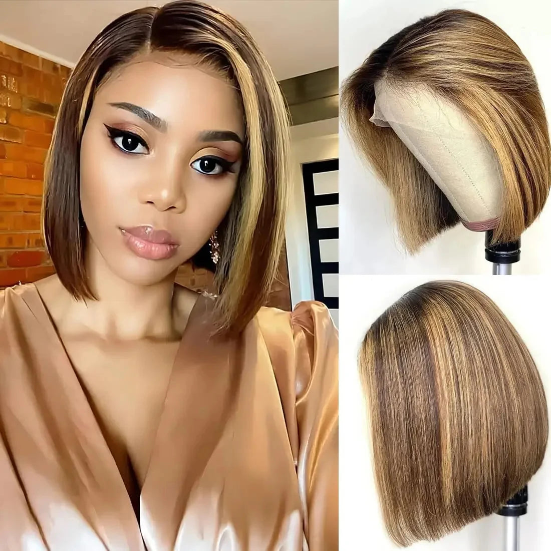 Straight Highlight Ombre Bob Wigs Human Hair 4/27 Honey Brown 13x4 Transparent Lace Front Human Hair Brazilian Wig Density200%
