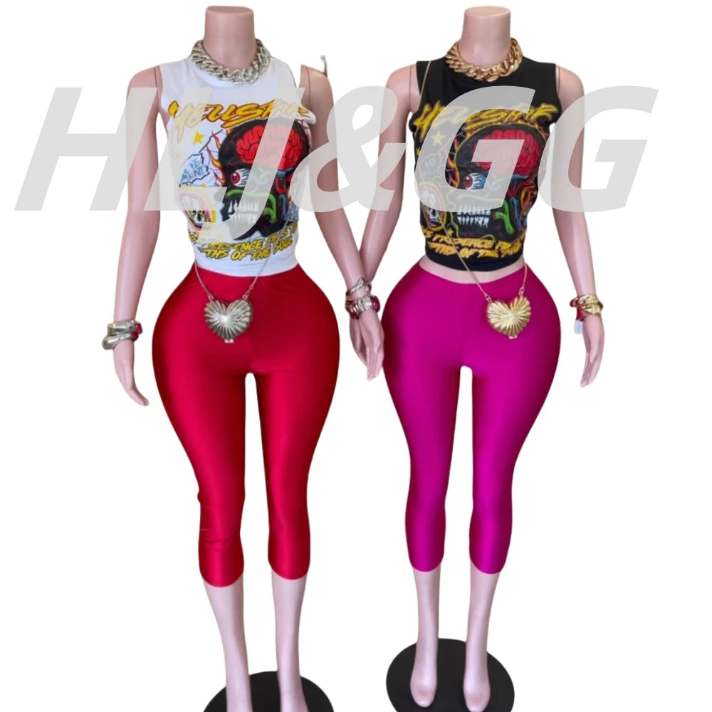 HLJ Fashion Y2K Pattern Print Two Piece Sets Women Round Neck Sleeveless Top+Skinny Shorts Outfits Trend Female 2pcs Streetwear