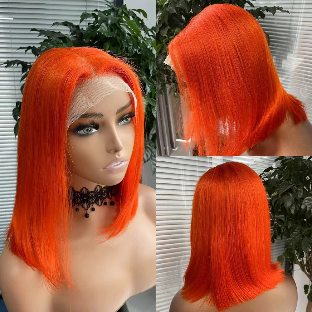 Orange Bob Wig Human Hair 13x4 Lace Front Wig 180% Density Short Straight Frontal Bob Wig Transparent Lace 350 Color Wig Ginger
