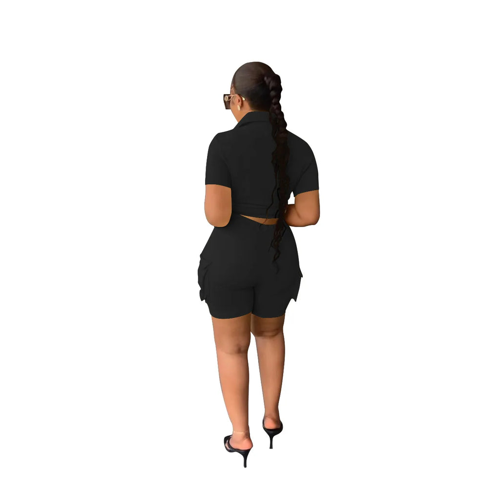 Women Shorts Two Piece Set Turn Down Collar Shirt Button Lace Up High Waist Short Sets Pockets Elegant Lady Streetwear Suit