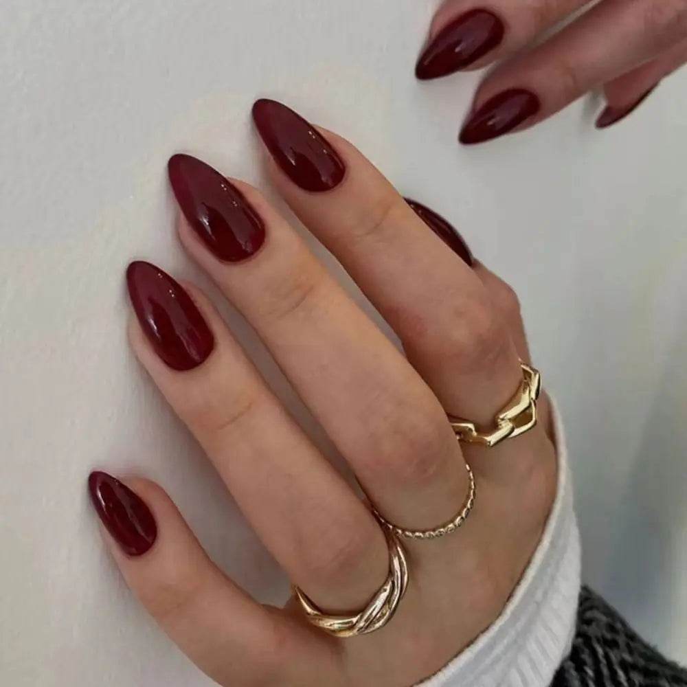 24Pcs Long Almond False Nails French Cherry Red Color Fake Nials Press on Nails Fake Nails DIY Manicure Detachable Nail Tips