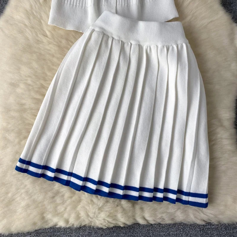 Fashion Knitting 2 Piece Sets Women Outfits Summer Clothing Women 2026 Polo-Neck Top Mini Skirt Suit Casual Knitted Dress Sets