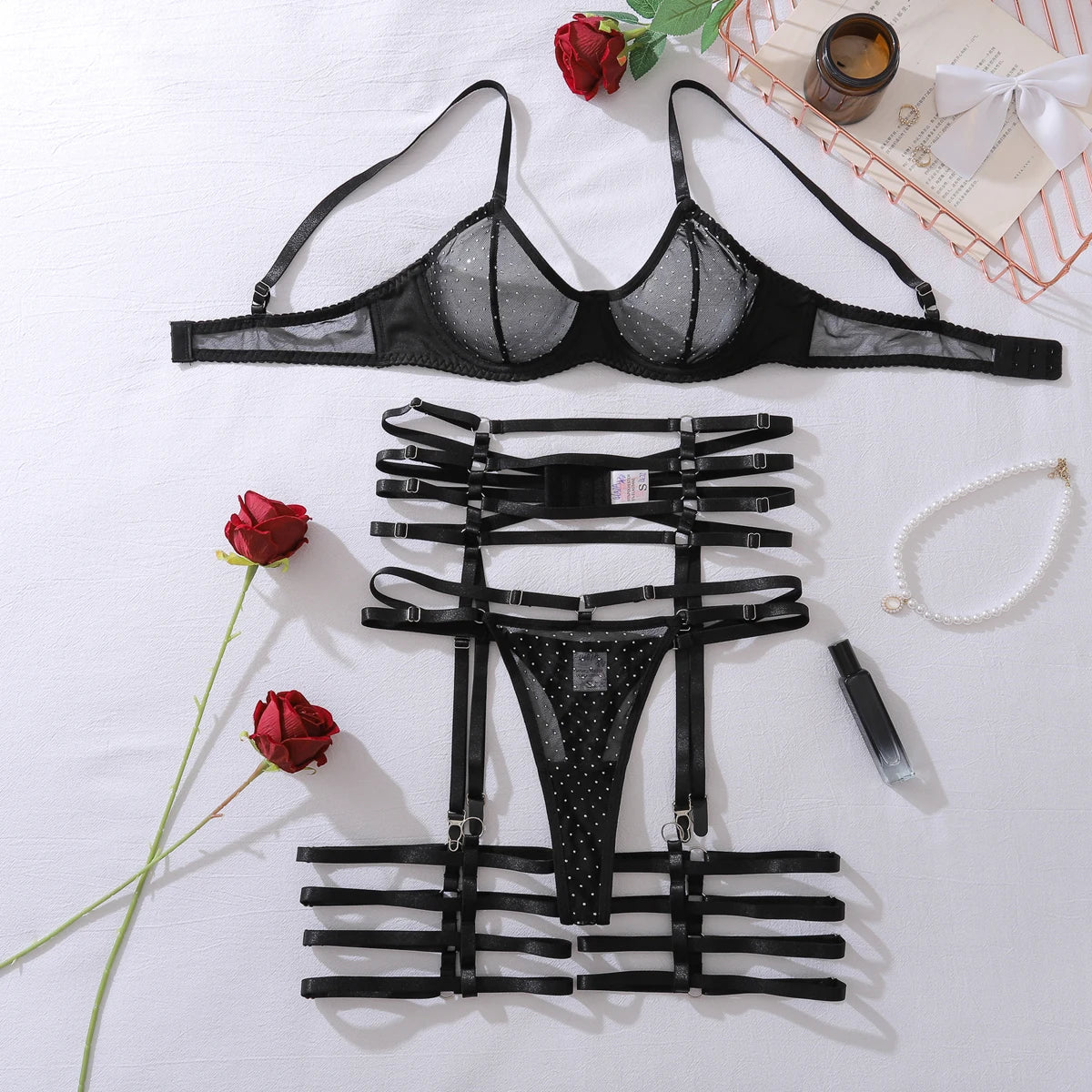 2025 New Product Complex Craftsmanship Bundle Hollow Body Shaping Comfortable Mesh Sexy Underwear Four Piece Set