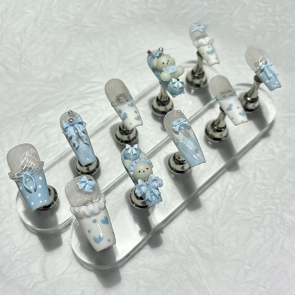 10PCS Kawaii 3D Bow Teddy French Handmade Press On Nails Cute Blue Bunny Long Fake Nails Pearls Heart Polka Dot Girl Nail Art