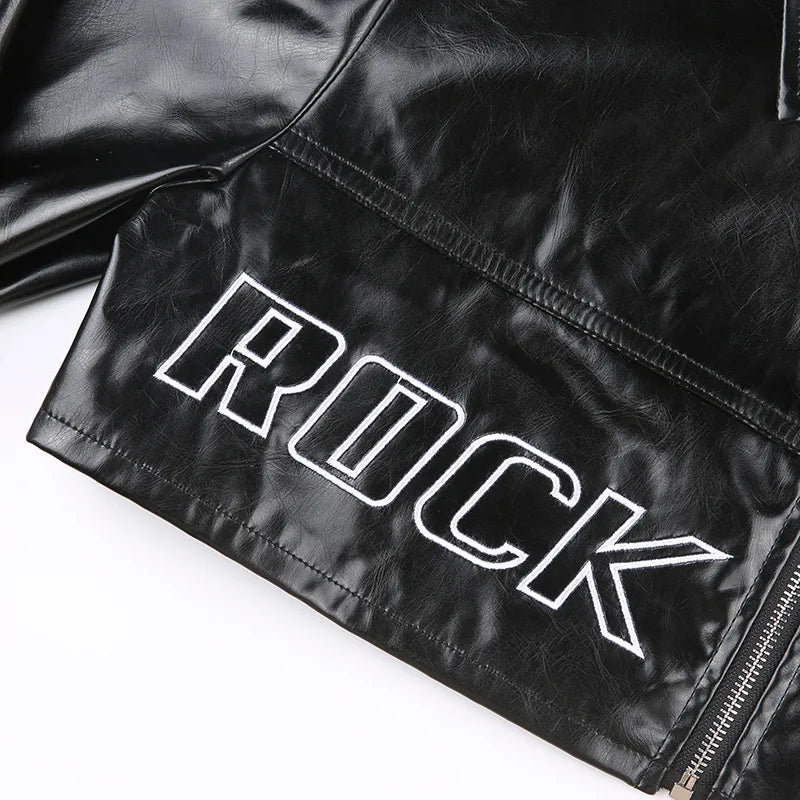 FAGADOER Y2k Punk Gothic Leather Jacket Women Cropped Lapel Letter Embroidery Moto Jackets Coat Short Female Streetwear 2025 New