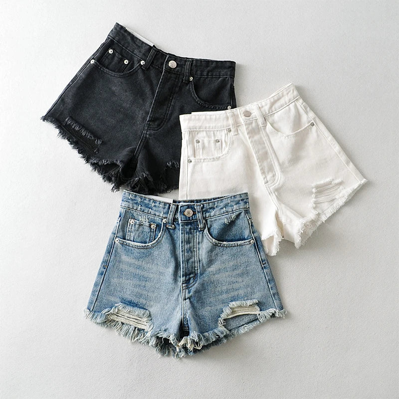 High Street Broken Hole Washed Denim Shorts Women Fashion Tassel Raw Edge Distress Jean Shorts Casual High Waist Pocket Shorts